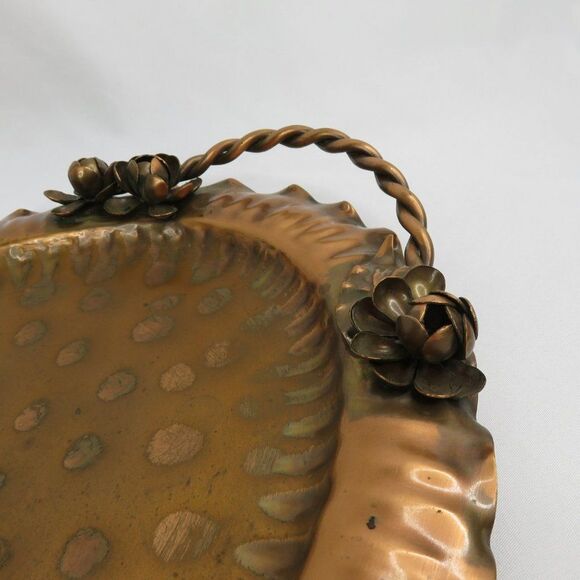 Gregorian Copper Serving Tray Hand Hammered Oval w Applied Flowers Twist Handles - Picture 3 of 10